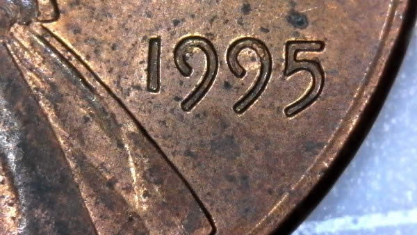 1995-P-Lincoln-Cent-With-Pre-Die-Chips-Forming-Found-In-Cust-Wrapped-Roll